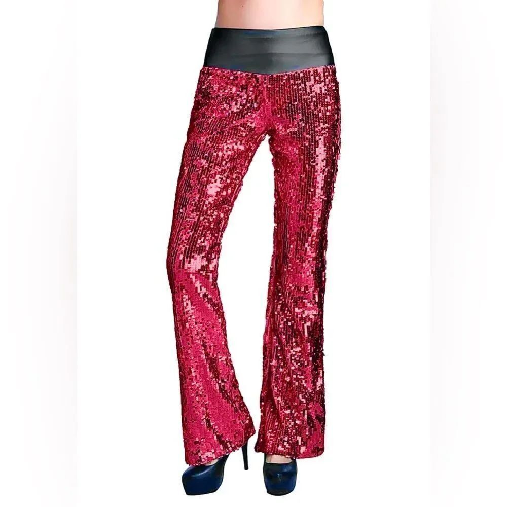 Lotsyle Shiny Sequins Faux Leather Hight Waist Pants
